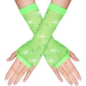 Women's Green Punk Fish Net Arm Sleeve Rhinestone Gloves Costume Halloween